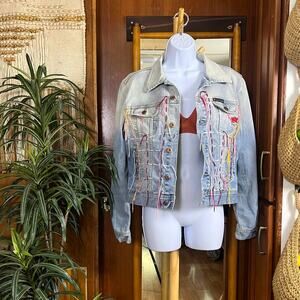 Parasuco Y2K Cropped Denim Jacket M Rainbow Thread Rare 2000s Style 87041TL